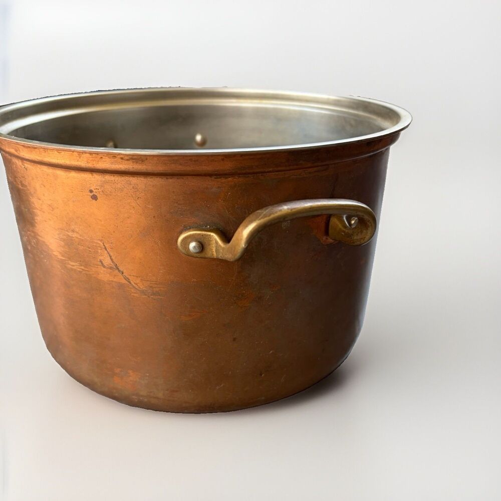 Vintage Copper Stock Pot Stainless Steel Lined Brass Handles 5.75" x 9.5" Patina - Picture 3 of 7
